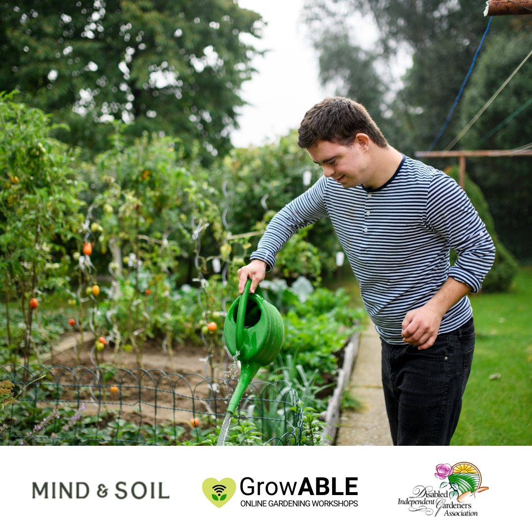 boy watering plants.(. Mind and soil logo. Growable logo. DIGA logo.).